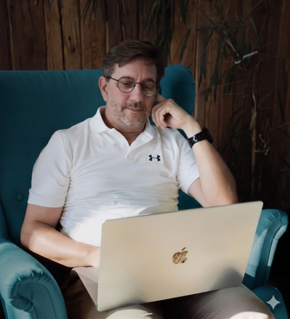 Stephen Kunstmann bei der Arbeit am Laptop